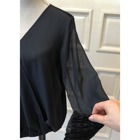 DG2 Diane Gilman Black Surplice Blouse,with sheer long sleeves size Small - Picture 2 of 5